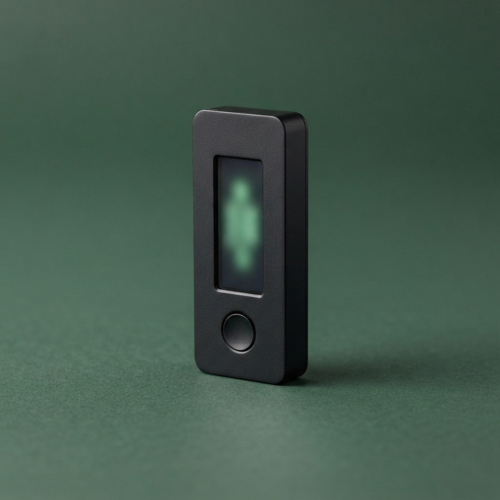 Upright black handheld device with a blurred green display and circular button on a green surface.