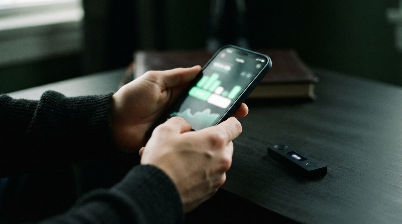 Person in a black sweater holds a smartphone with green charts beside a small black electronic device on a dark desk.